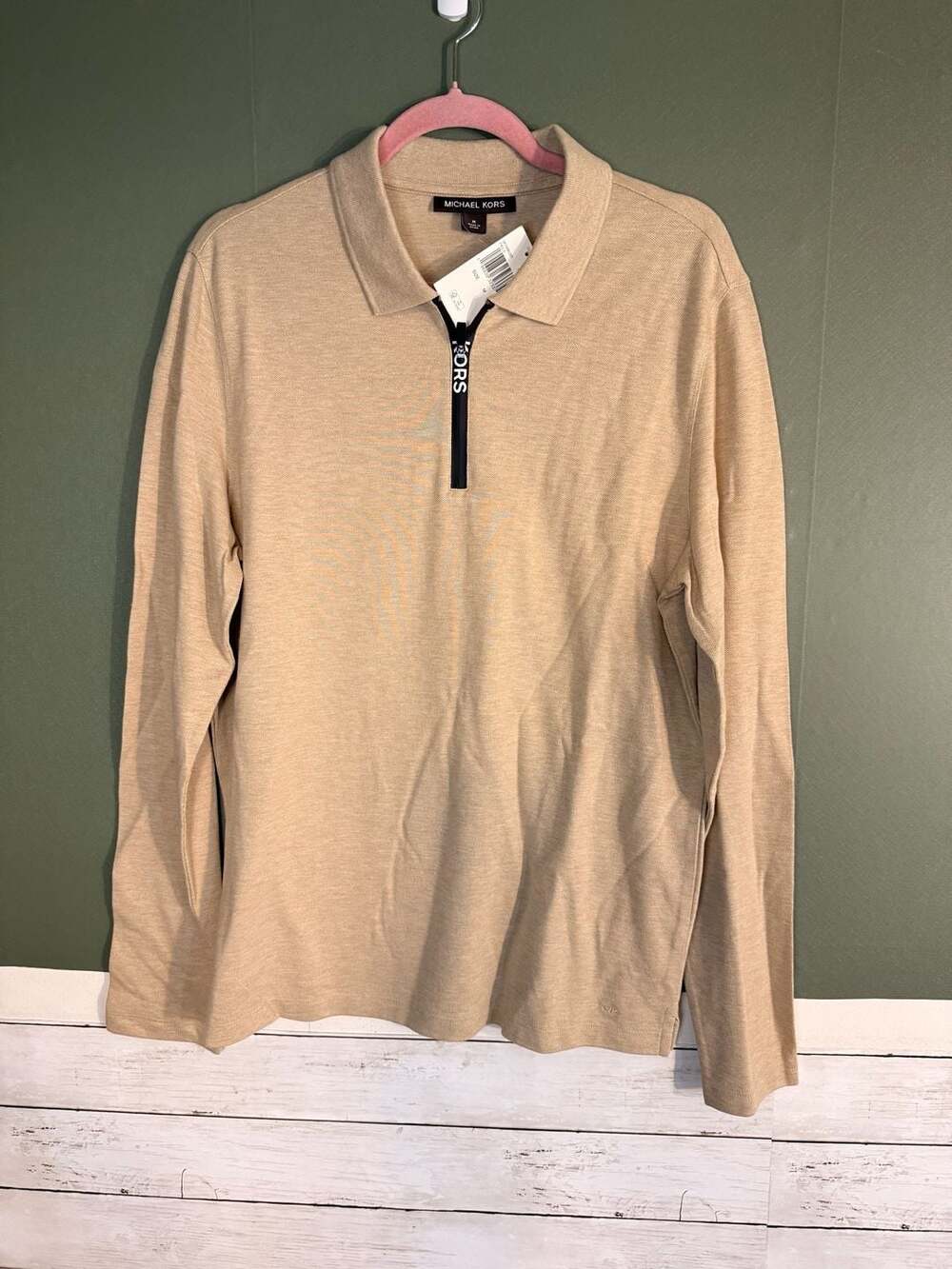 NWT Michael Kors Men's Medium 1/4 Zip Long Sleeve Polo Shirt Khaki Brown